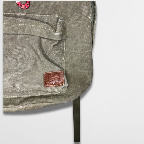 Olive Green Canvas Backpack With Front Pocket & Carabiner Clip - Picture 5 of 6